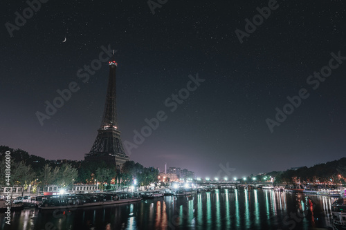 Eiffel Tower Paris Night Sky and Moon