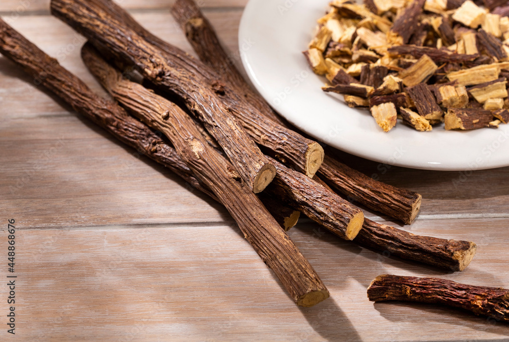 Fototapeta premium Dried medicinal licorice sticks - Glycyrrhiza glabra
