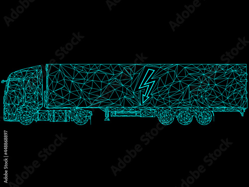 Electric e-truck Lorry, LKW TIR in blue turquoise polygon pattern with electric lightning symbol on the trailer. On black background