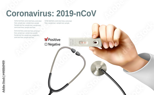 Coranavirus background with nurse holding a positive rapid antigen test. Vector