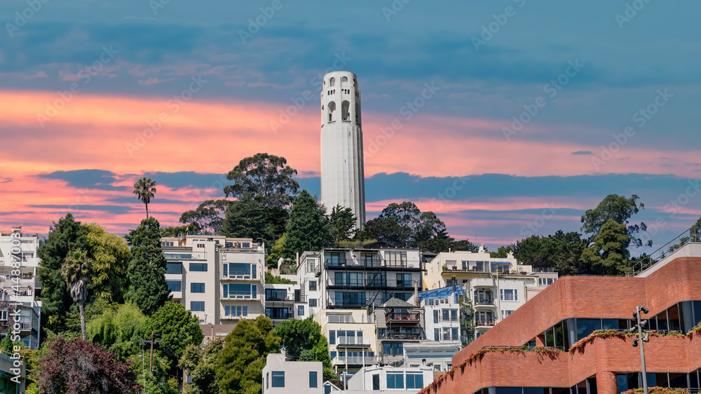 San Francisco, California, USA - August 2019: Coit Tower San Francisco California during sunset, pink skies