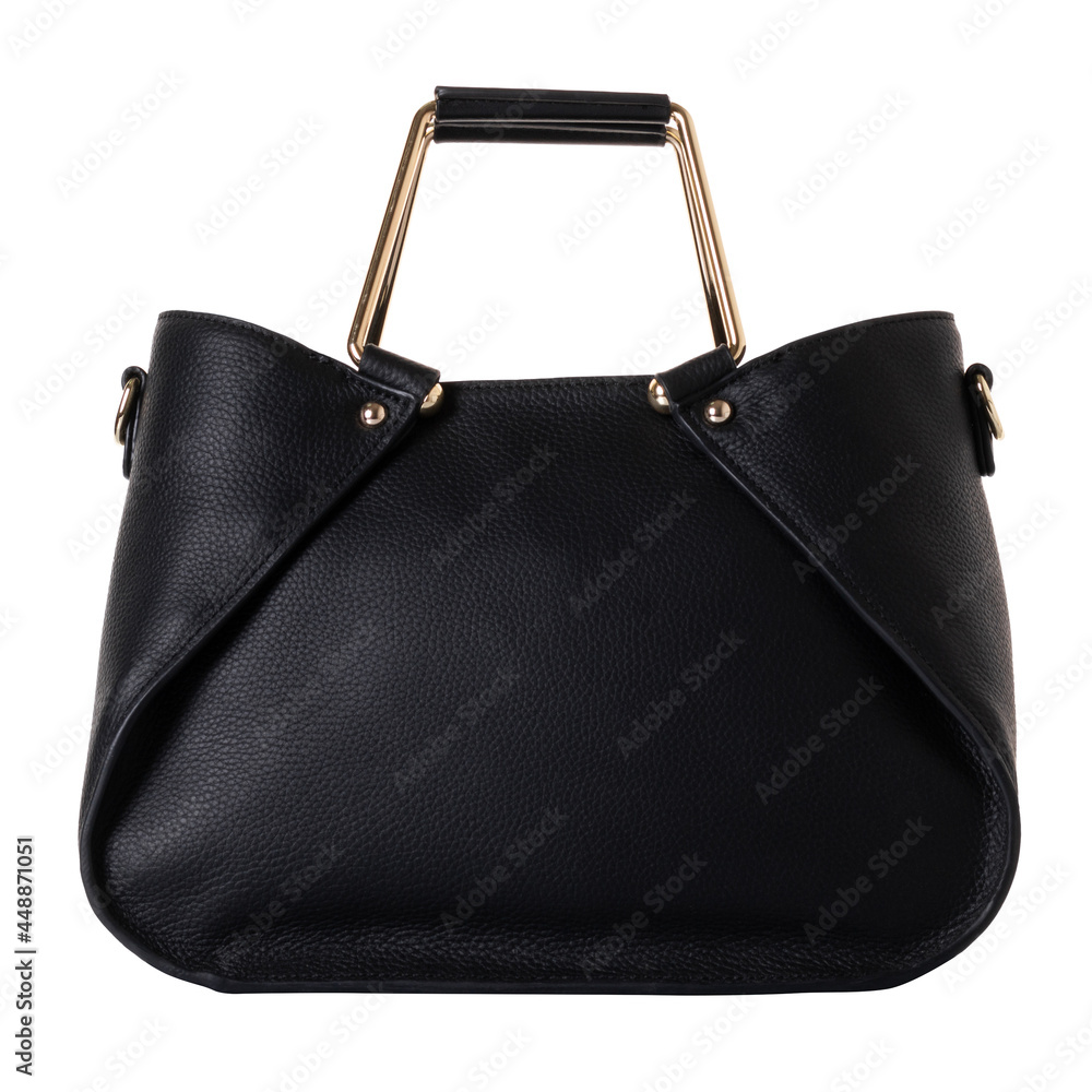 Naklejka premium Black genuine leather bag with gold-colored metal handles. Stylish evening bag for women. On a white background