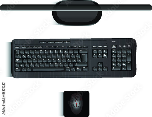 Realistic Vector Of A Monitor, Keyboard And Mouse Seen From Top. Realistic PC Parts photo