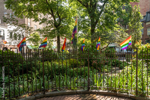 New York, NY - USA - July 30, 2011: A view of Stonewall National Monument, in Christopher Park, part of New York City's Historic Greenwich Village. The site of the Stonewall riots.