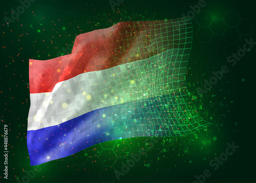 Netherlands, vector 3d flag on green background with polygons and data numbers