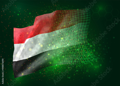 Yemen, vector 3d flag on green background with polygons and data numbers