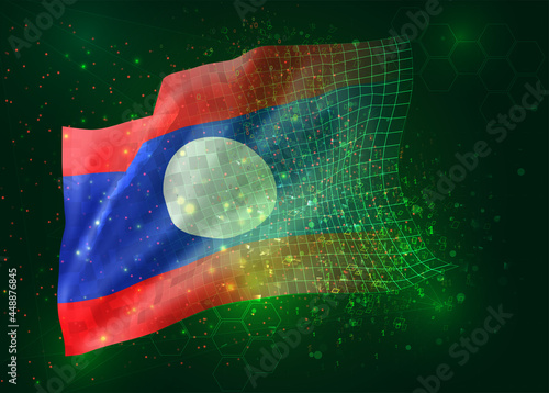 Laos  on vector 3d flag on green background with polygons and data numbers