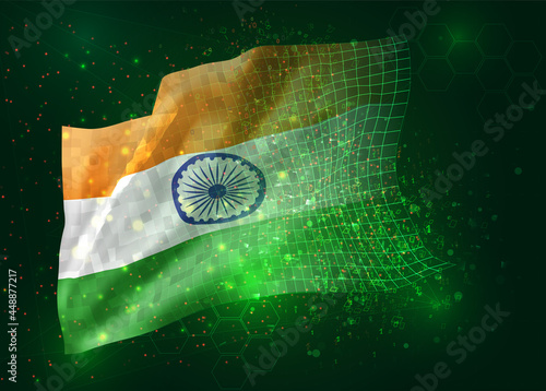 India, vector 3d flag on green background with polygons and data numbers