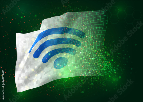 wi-fi on vector 3d flag on green background with polygons and data numbers