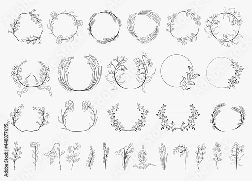 Vintage laurel wreaths Hand drawn wedding ornaments collection. Set of black laurels frames branches. Decorative vintage line elements collection. Vector illustration