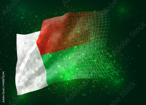 Madagascar  on vector 3d flag on green background with polygons and data numbers