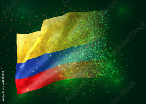 Colombia   on vector 3d flag on green background with polygons and data numbers