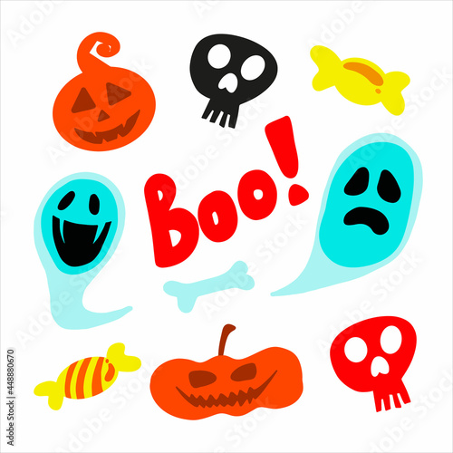 Halloween set of  doodle clipart. Funny, cute illustration for seasonal design, textile, decoration kids playroom or greeting card. Hand drawn prints and color halloween elements for celebration.