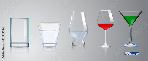 set of realistic crystal glass or transparent drinking glass cup or alcoholic drinks empty glass.