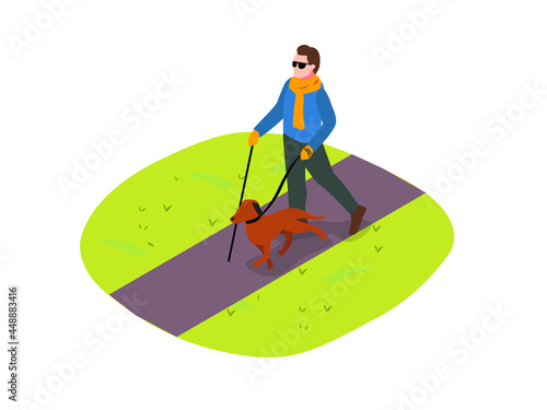 Blind person holding a walking stick and a dog isolated on white background 3d isometric vector concept for banner, website, illustration, landing page, flyer, etc.