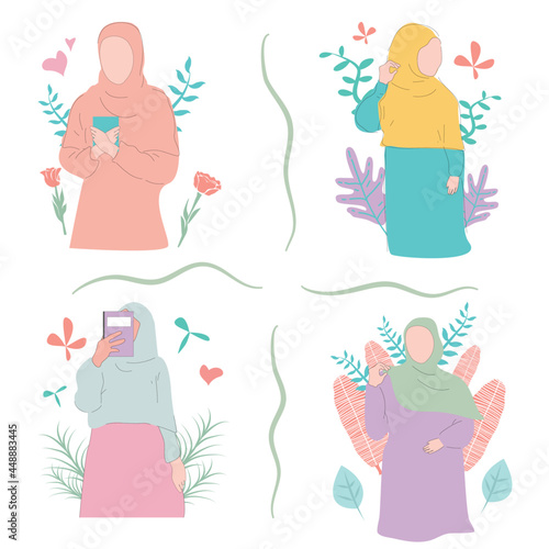 bundle of pastel colored  HIjab Women with floral decorative Suitable for Islamic Illustration
