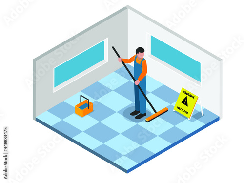 Worker mopping the floor isometric 3d vector concept for banner, website, illustration, landing page, flyer, etc.