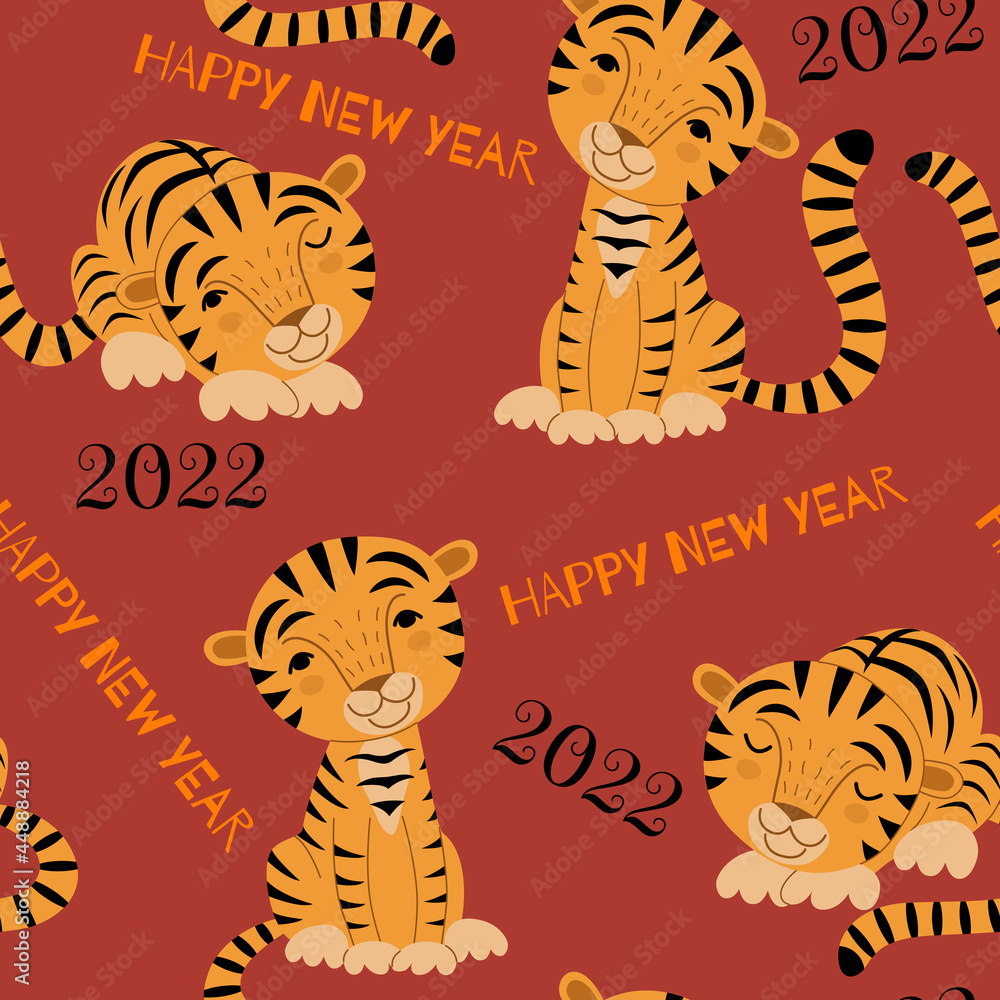 Happy New Year 2022. Chinese New Year of the Tiger. Seamless pattern with tiger cubs, numbers and text on a red background. Vector illustration for wallpaper, textiles, gift paper, gift decoration. Stock Happy New Year 2022. Chinese New Year of the Tiger. Seamless pattern with tiger cubs, numbers and text on a red background. Vector illustration for wallpaper, textiles, gift paper, gift decoration. Stock