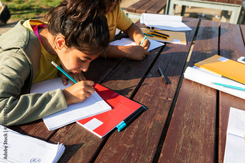 Classmates doing homework at park Classmates doing homework at park
