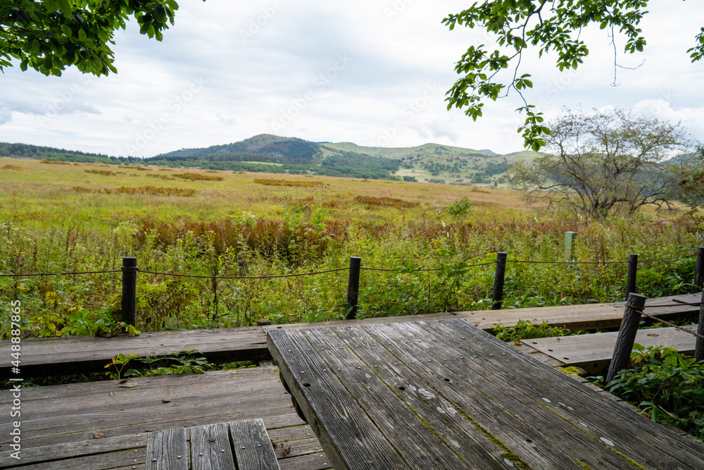 長野県諏訪市の霧ヶ峰を登山している風景