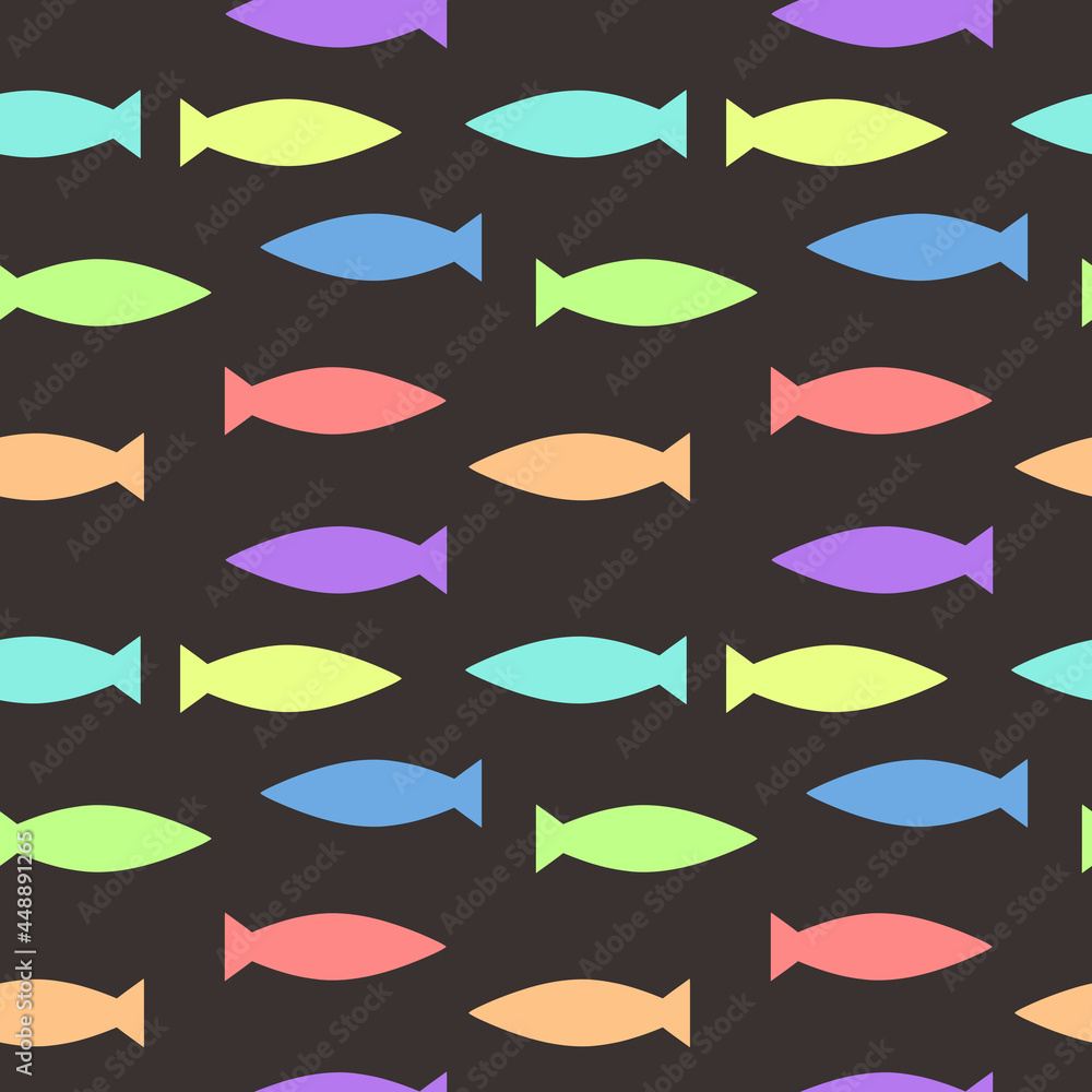 Fish seamless pattern design for print, t-shirt design, design element. Primitive drawing. Colored fish pattern. Fish seamless pattern design for print, t-shirt design, design element. Primitive drawing. Colored fish pattern.