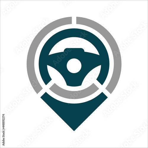 Steering Wheel Map Location Navigation Logo.  Pin Car Point Automotive Logo Design Template
