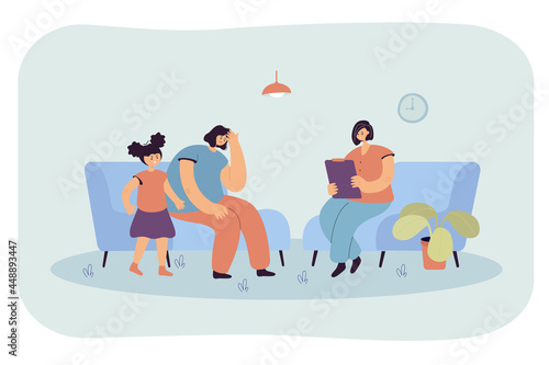 Mom and daughter at psychologist appointment. Flat vector illustration. Woman and girl solving psychological problems with specialist. Psychotherapy, psychology, help, family, relationship concept