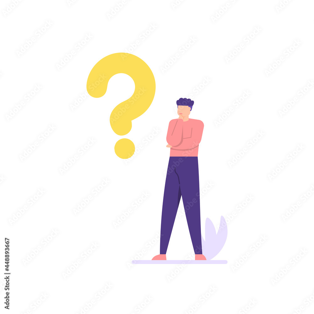 concept of Frequently Asked Questions or FAQ. illustration of a man holding his chin and thinking. confused people. answer help. question marks around people, online support center. flat cartoon style