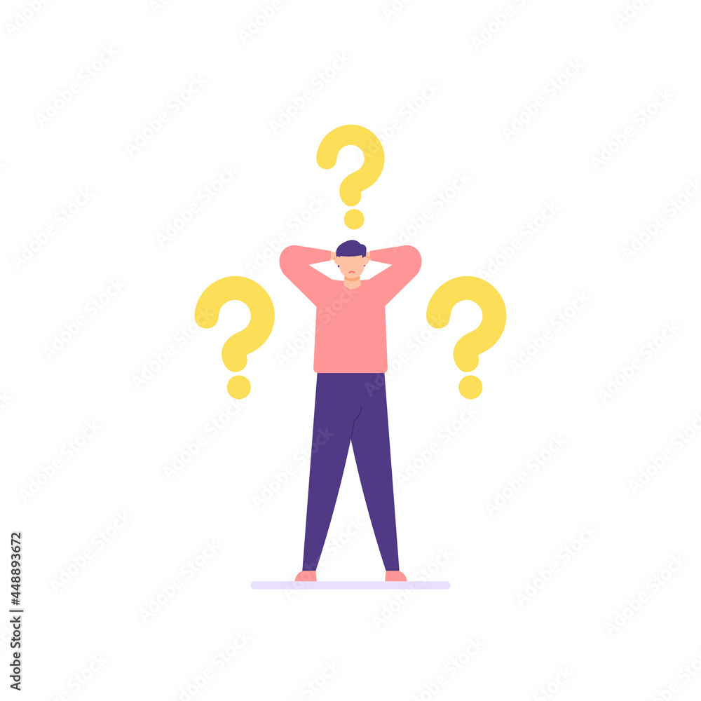 the concept of Frequently Asked Questions or FAQs. illustration of a man holding his head and thinking. confused people. helpful answer. question mark around people, online support center. flat style the concept of Frequently Asked Questions or FAQs. illustration of a man holding his head and thinking. confused people. helpful answer. question mark around people, online support center. flat style