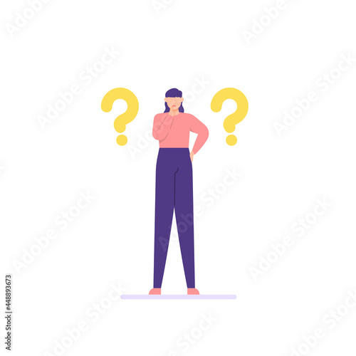 concept of Frequently Asked Questions or FAQ. illustration of a woman holding his chin and thinking. confused people. answer help. question marks around people, online support center. flat cartoon 