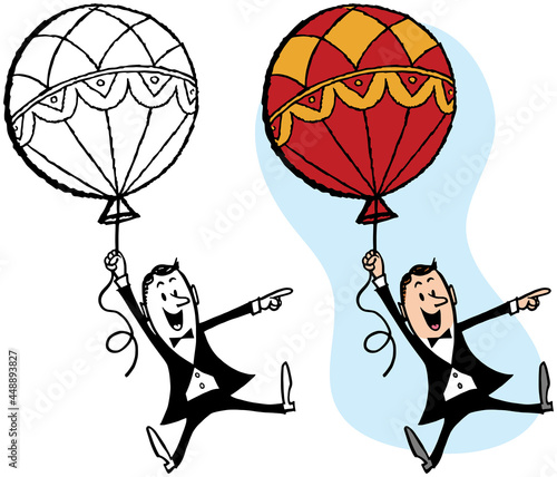 A vintage retro cartoon of a businessman being lifted into the air by a balloon.