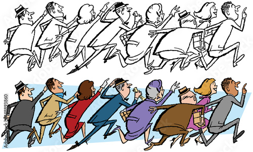 A vintage retro cartoon of a crowd of people all running towards something exciting. 