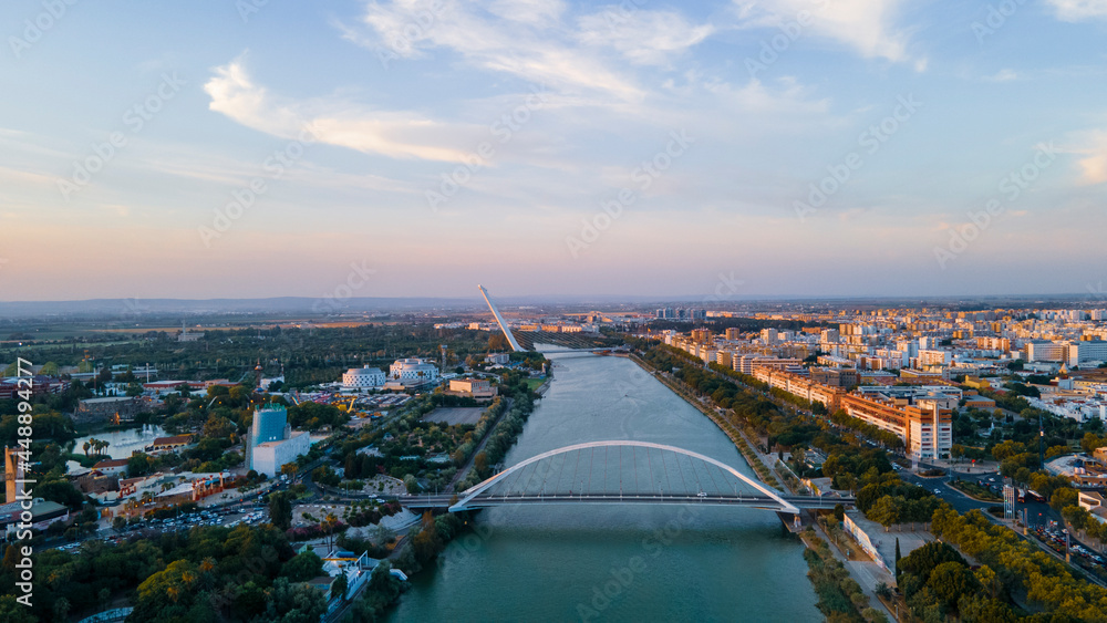 Aerial View of Guadalquivir River in Seville with Barqueta and Alamillo Bridges