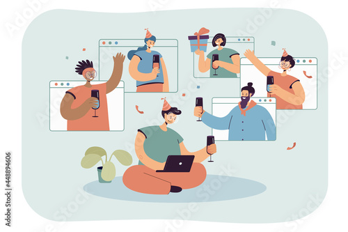 Online birthday party video call. Flat vector illustration. Group of people drinking, celebrating, having fun together in digital space while quarantine. Computer, home, party, hangout concept