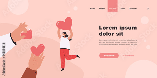 Hand giving hearts to happy woman isolated flat vector illustration. Cartoon metaphor of generosity as donation support and sharing love. Charity project, assistance and solidarity foundation concept