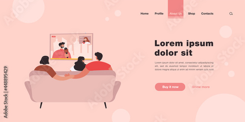 Boyfriend secretly cheating on girlfriend. Couple with friend watching news on sofa, man holding hands with other woman flat vector illustration. Betrayal, cheating concept for banner, website design