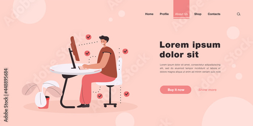 Man showing correct position for sitting at desk flat vector illustration. Cartoon man sitting on chair and using computer. Ergonomic work in office and healthy posture concept