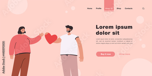 Man giving cartoon heart to woman. Smiling male character confessing feelings flat vector illustration. Love, romance, valentine, relationship concept for banner, website design or landing web page