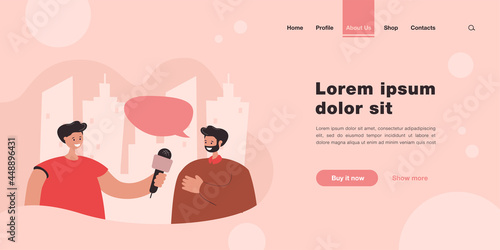 Reporter interviewing man on street. Journalist holding microphone, male character giving interview flat vector illustration. Communication, television concept for banner, website design