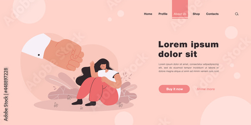 Huge fist threatening sad woman. Man abusing female character flat vector illustration. Domestic violence, family abuse, discrimination concept for banner, website design or landing web page