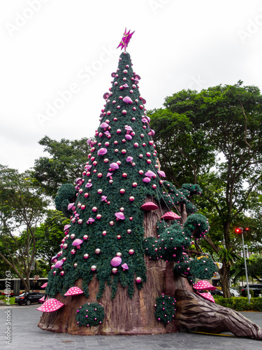 Canvas Print Christmas tree decorated with pink mushrooms in Singapore