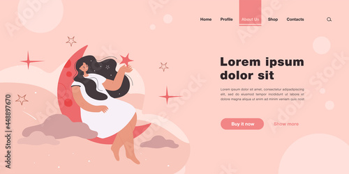 Happy woman sitting on crescent and holding star flat vector illustration. Cartoon character sleeping, relaxing and dreaming at night. REM state and healthy dreams concept
