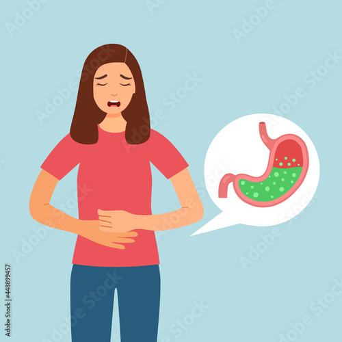 Woman feel pain in stomach concept vector illustration. Stomach acid reflux and digestive system problem.
