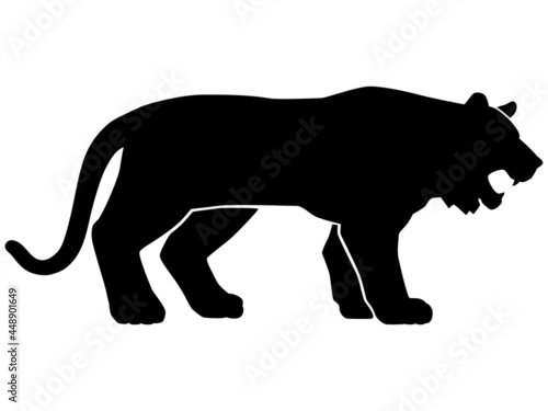 虎のシルエットのイラスト素材　横向き　吠える　縞模様なし