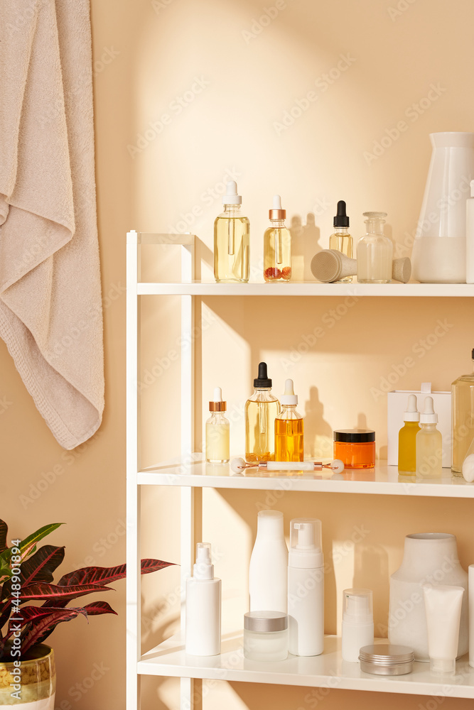 Skincare products in bathroom. Skincare products in bathroom.