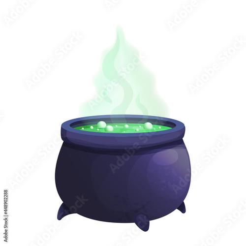 Spooky witch caldron with green magic soup in cartoon style isolated on white background. Ui asset, lab game, withcraft object