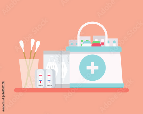 Home Isolation in covid-19 crisis concept: pill, alcohol, mask, rapid antigen test kid. Cartoon vector style for your design.