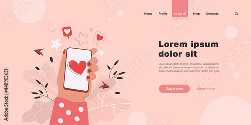 Female hand holding phone with heart on screen isolated flat vector illustration. Cartoon mobile phone mockup and sending love messages or chatting. Communication and social media concept
