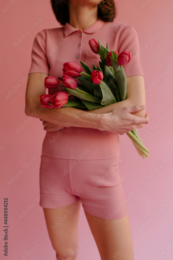 model on pink with tulips model on pink with tulips