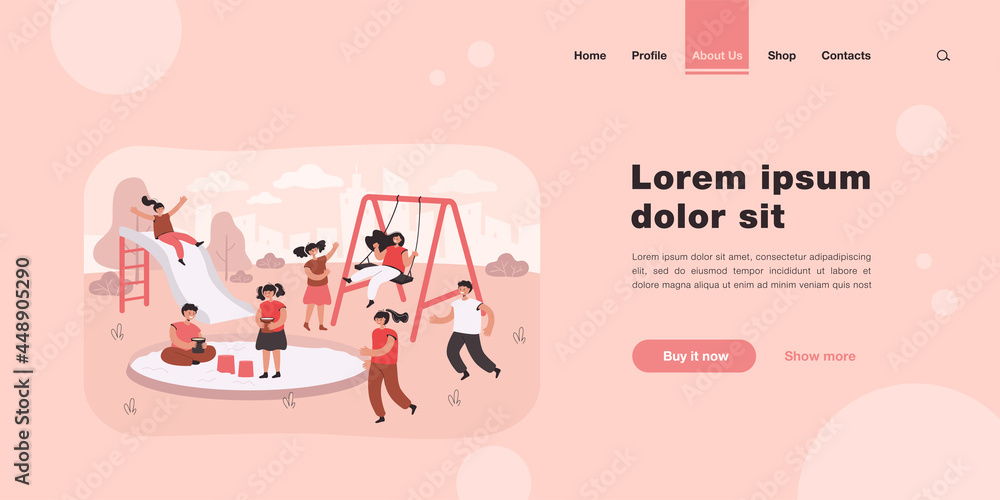 Obraz premium Cute children having fun on playground. Happy boys and girls on swing, slide, in sandbox flat vector illustration. Outdoor activity, childhood concept for banner, website design or landing web page